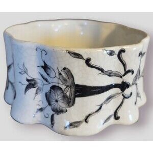 TOYO Hand Painted Trinket Bowl - Japanese Dish - White with Black Flower Design